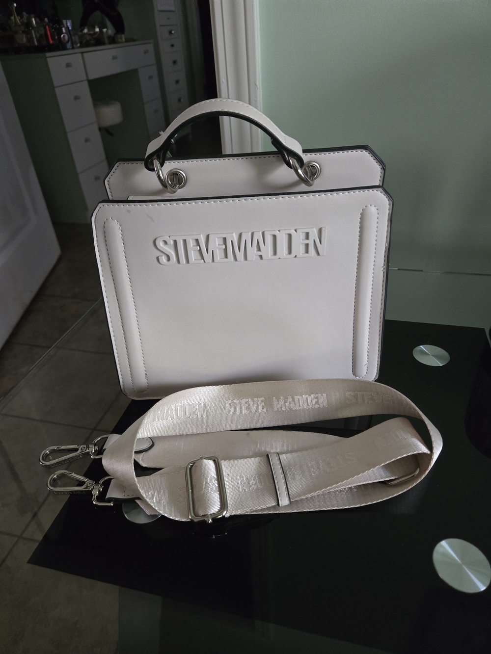 Steve Madden White Structured Top-Handle Satchel with Detachable Logo Strap